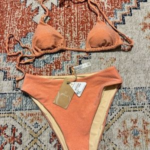 BERLOOK Orange Glitter Bikini Set Size XS top Size Small Bottoms High Waist